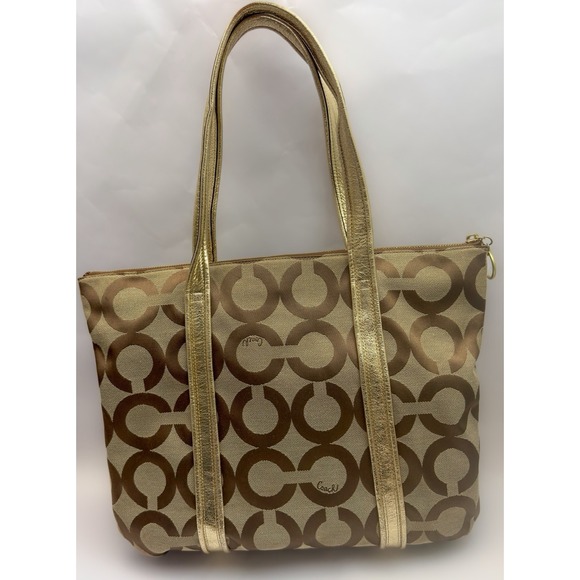 COACH Poppy Op Art Glam Gold Khaki Tote Bag Blue Teal Liner Signature C - Picture 7 of 12